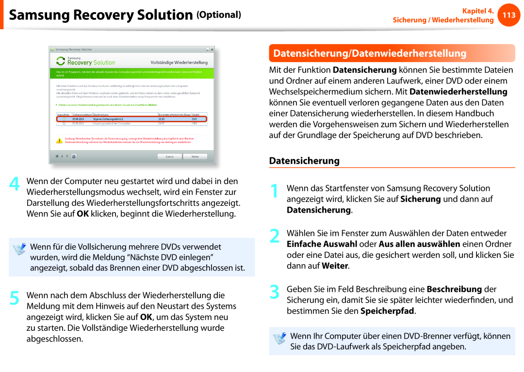 Samsung NP270E5E-X02PT, NP275E5E-K01GR manual Datensicherung/Datenwiederherstellung, Samsung Recovery Solution Optional 