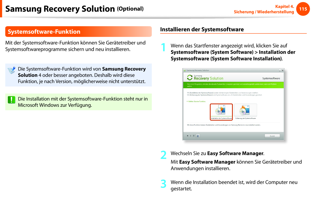 Samsung NP910S5J-K01DE Systemsoftware-Funktion, Installieren der Systemsoftware, Wechseln Sie zu Easy Software Manager 