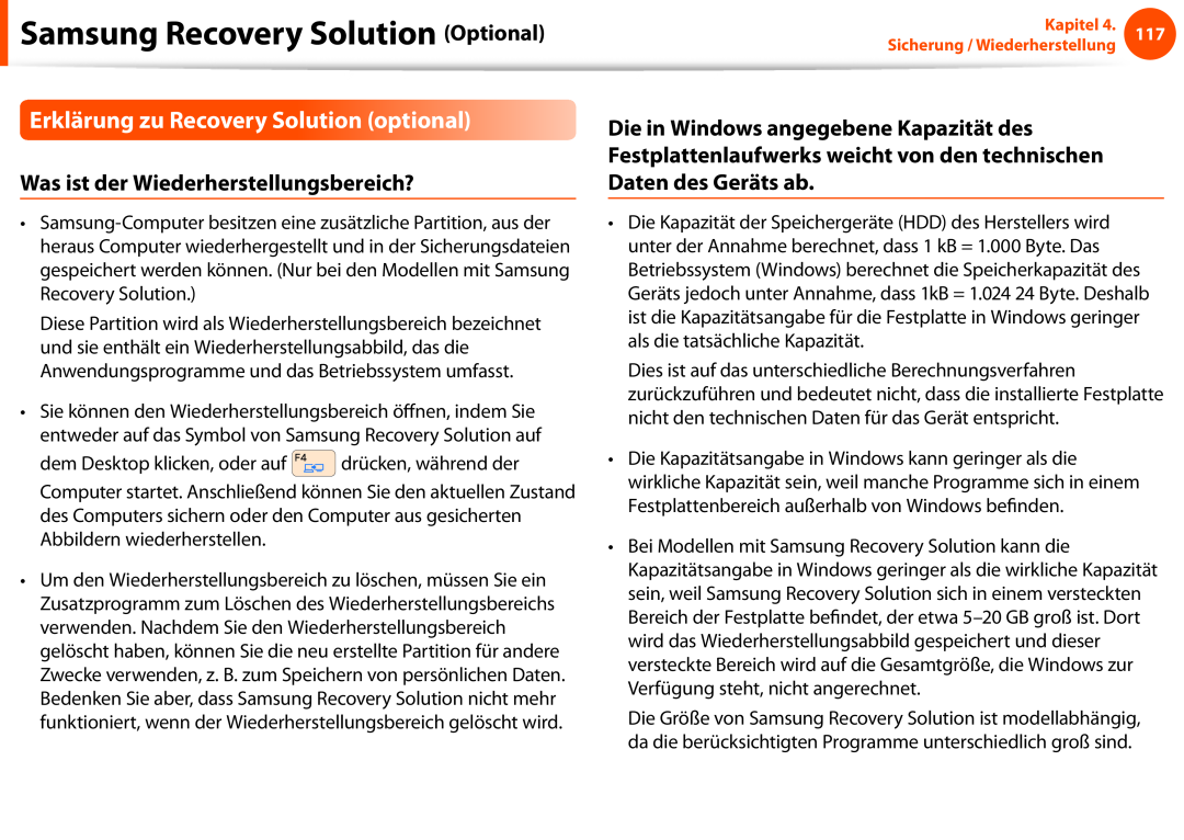 Samsung NP275E5E-X02DE, NP275E5E-K01GR Erklärung zu Recovery Solution optional, Was ist der Wiederherstellungsbereich? 