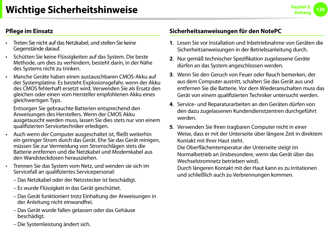 Samsung NP270E5E-K02IT manual Pflege im Einsatz, Sicherheitsanweisungen für den NotePC, Wichtige Sicherheitshinweise 