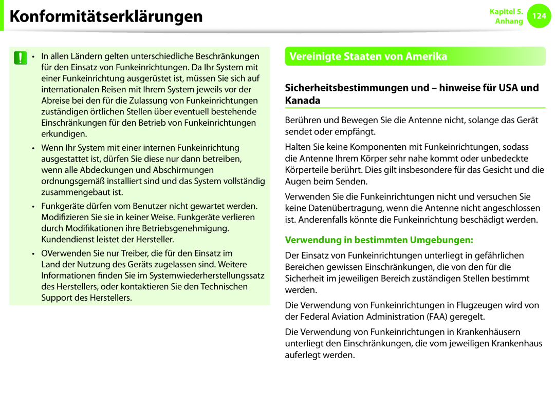 Samsung NP270E5E-K04DE manual Vereinigte Staaten von Amerika, Sicherheitsbestimmungen und - hinweise für USA und Kanada 