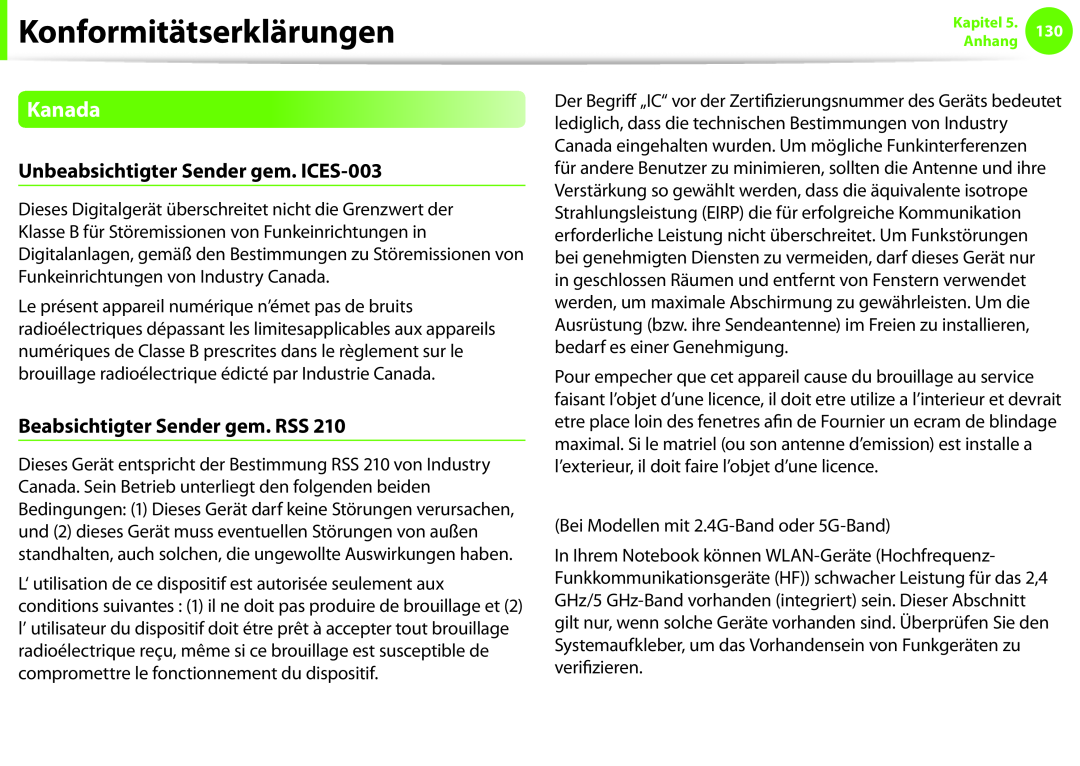 Samsung NP910S5J-K01AT, NP275E5E-K01GR manual Kanada, Unbeabsichtigter Sender gem. ICES-003, Beabsichtigter Sender gem. RSS 