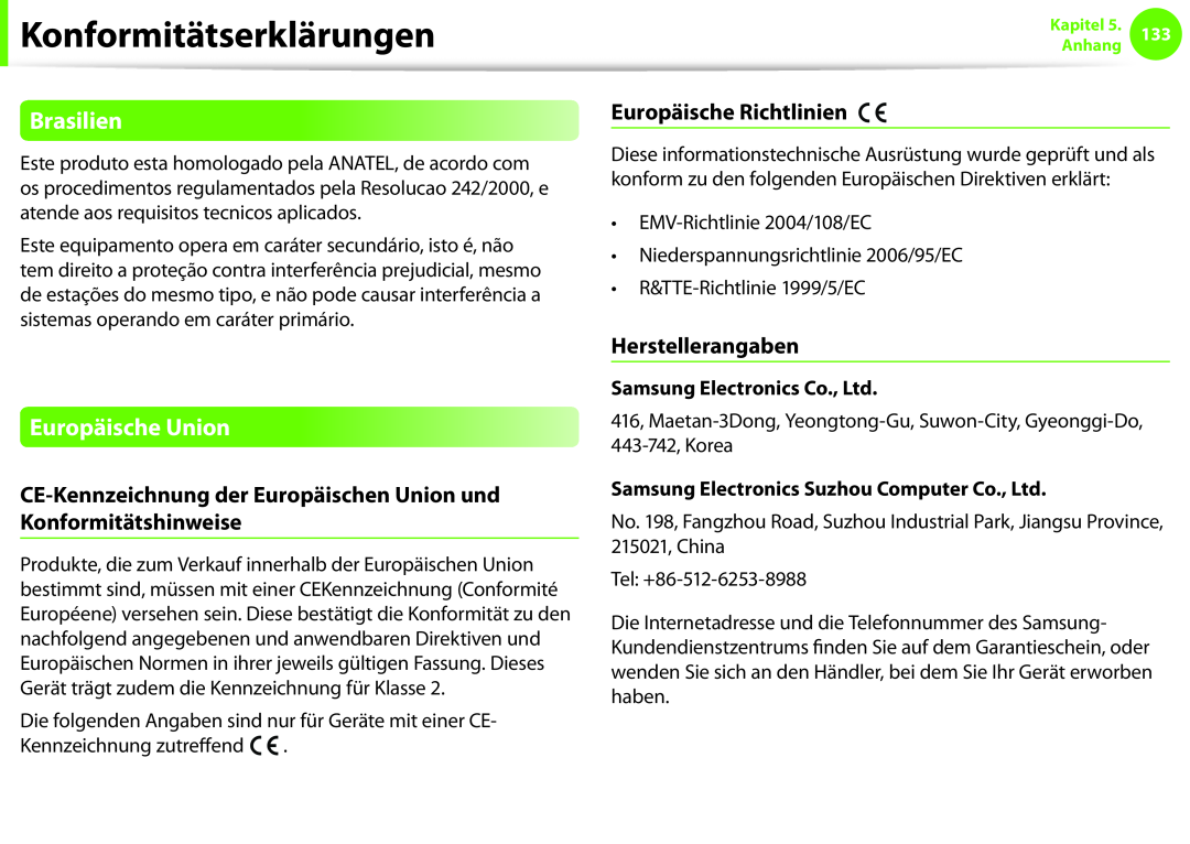 Samsung NP270E5E-X03TR Brasilien, Europäische Union, CE-Kennzeichnung der Europäischen Union und Konformitätshinweise 