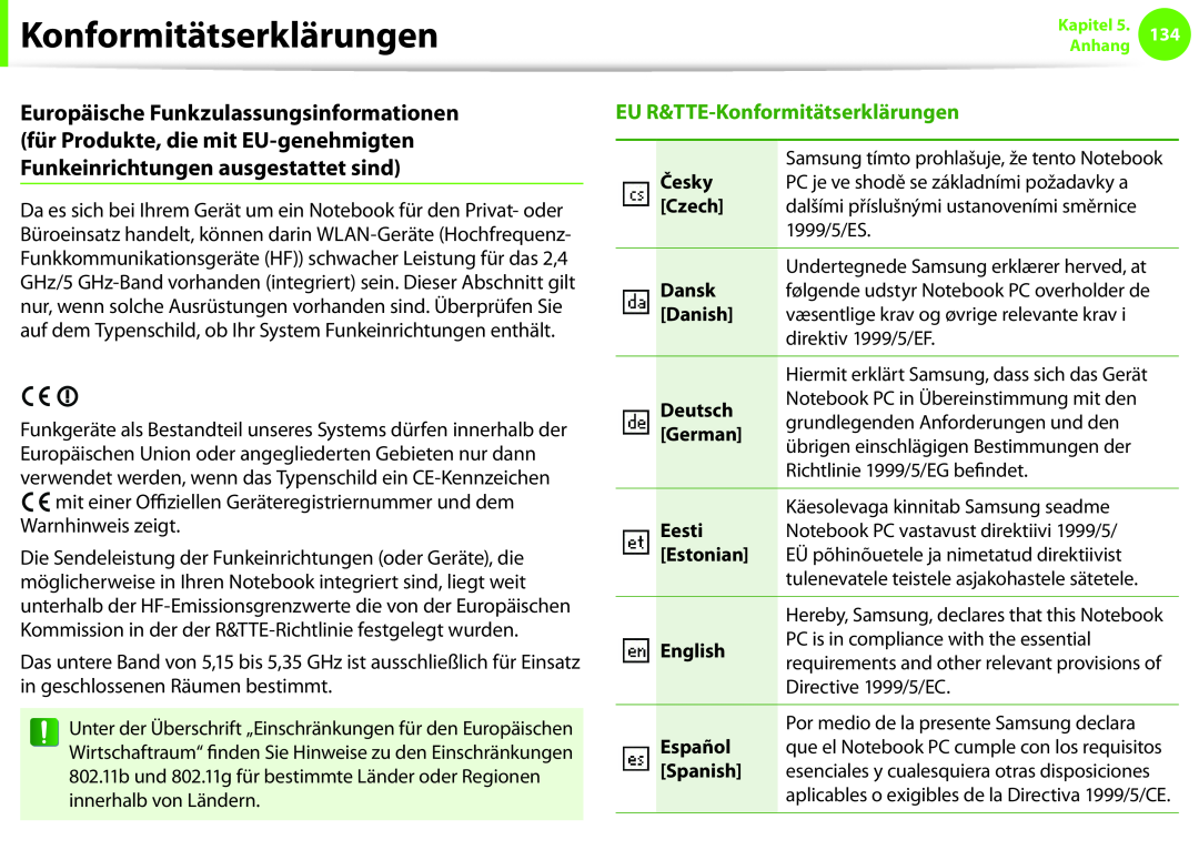 Samsung NP270E5E-X01TR EU R&TTE-Konformitätserklärungen, Česky, Czech, Dansk, Danish, Deutsch, German, Eesti, Estonian 