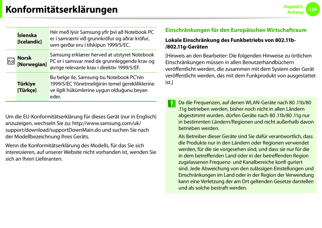 Samsung NP270E5E-K04TR Einschränkungen für den Europäischen Wirtschaftraum, Íslenska, Icelandic, Norsk, Norwegian, Türkiye 