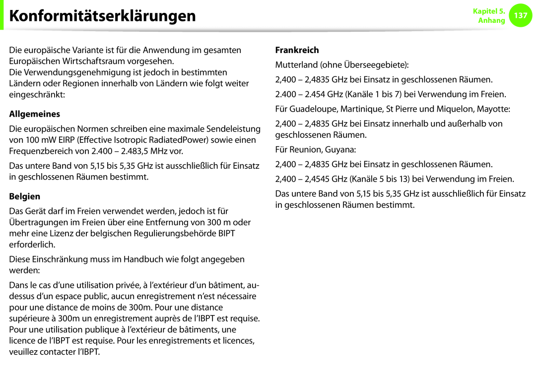 Samsung NP270E5E-K03DE, NP275E5E-K01GR, NP275E5E-X02DE manual Allgemeines, Belgien, Frankreich, Konformitätserklärungen 