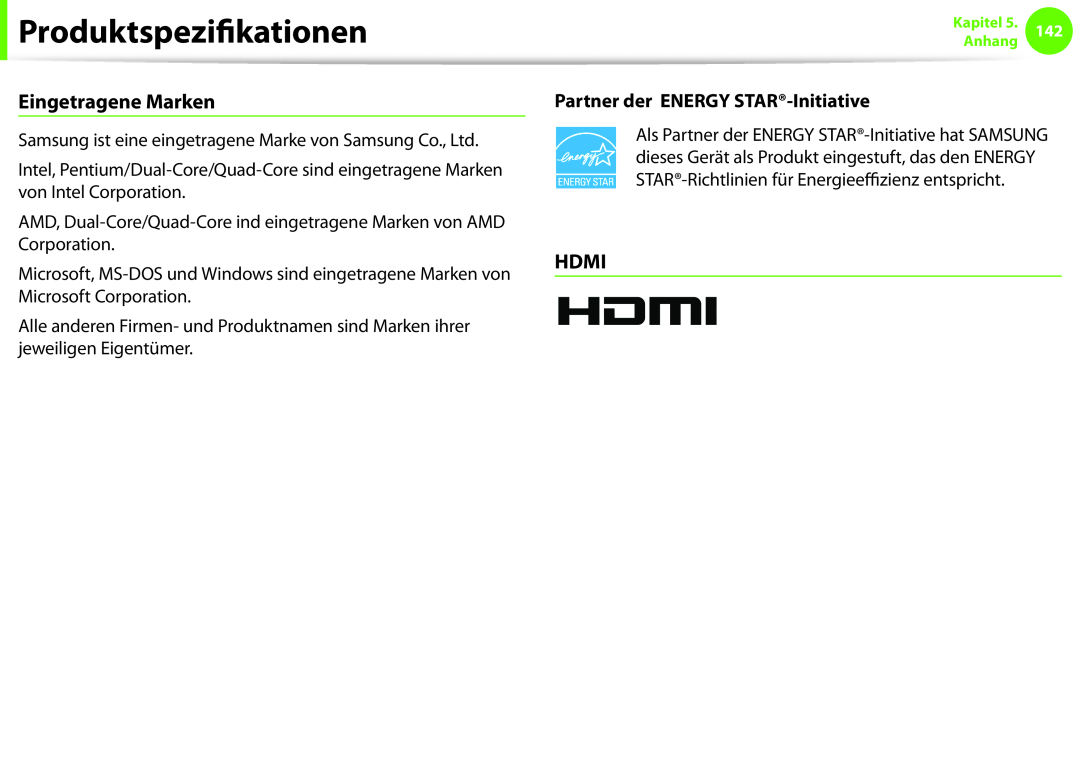 Samsung NP930X5J-K04AT manual Eingetragene Marken, Hdmi, Partner der ENERGY STAR-Initiative, Produktspezifikationen 