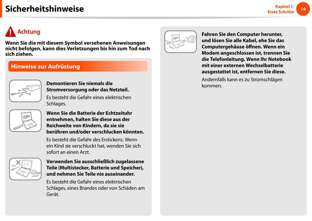 Samsung NP930X5J-K02AT Hinweise zur Aufrüstung, Demontieren Sie niemals die Stromversorgung oder das Netzteil, Achtung 