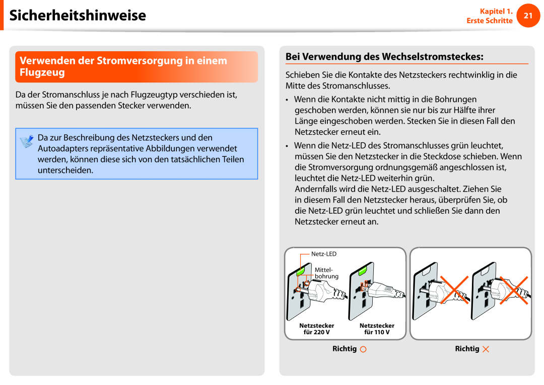 Samsung NP270E5E-K02PT manual Verwenden der Stromversorgung in einem Flugzeug, Bei Verwendung des Wechselstromsteckes 