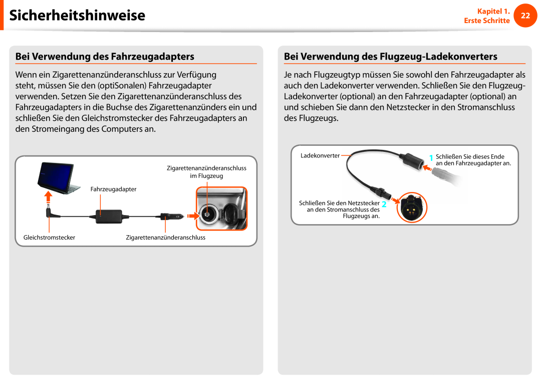 Samsung NP270E5E-K03IT manual Bei Verwendung des Fahrzeugadapters, Bei Verwendung des Flugzeug-Ladekonverters, Flugzeugs an 