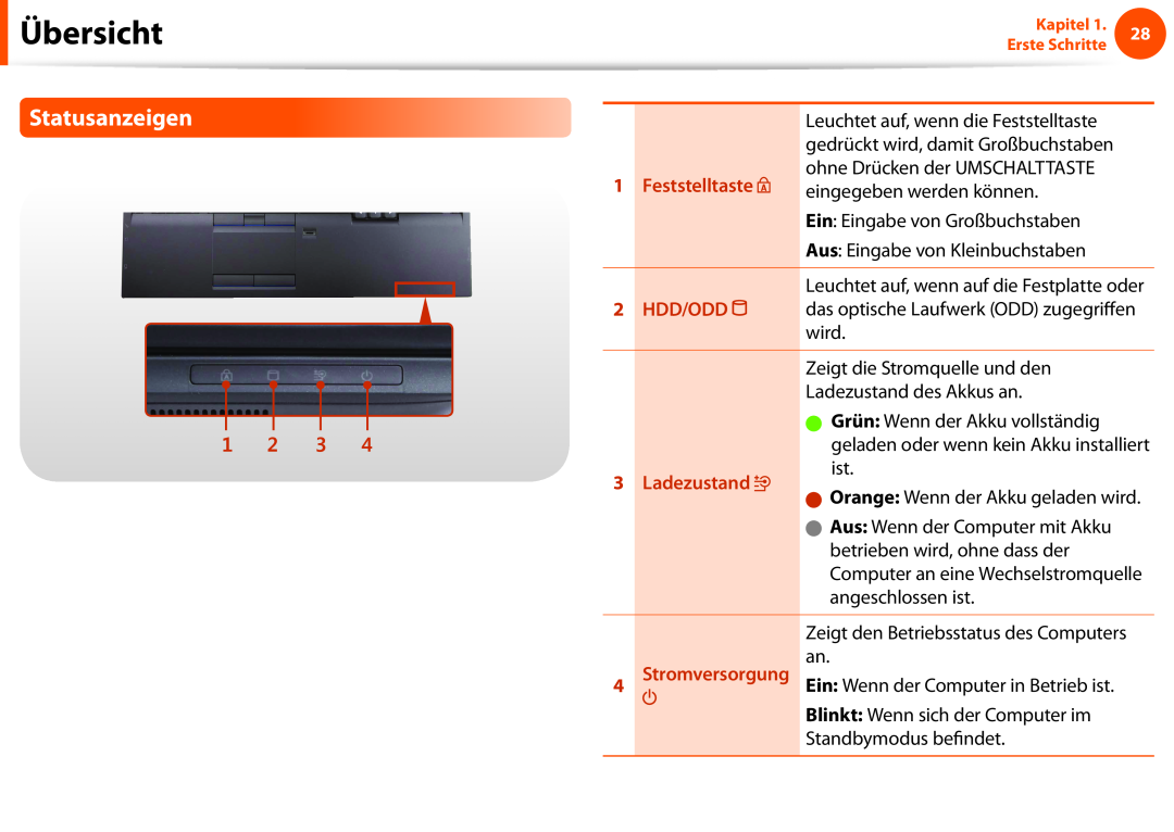 Samsung NP275E5E-K01DE, NP275E5E-K01GR manual Statusanzeigen, Übersicht, Feststelltaste, 1 2 3, Ladezustand, Stromversorgung 