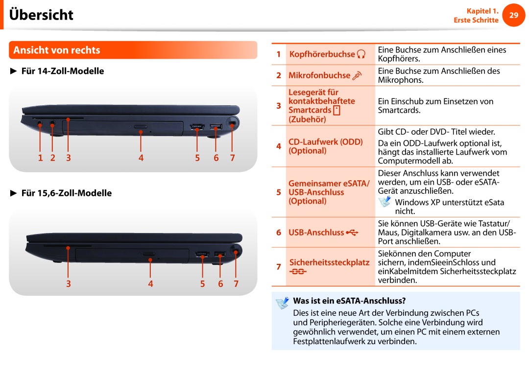 Samsung NP270E5E-X05DE manual Ansicht von rechts, Für 14-Zoll-Modelle, Für 15,6-Zoll-Modelle, Was ist ein eSATA-Anschluss? 