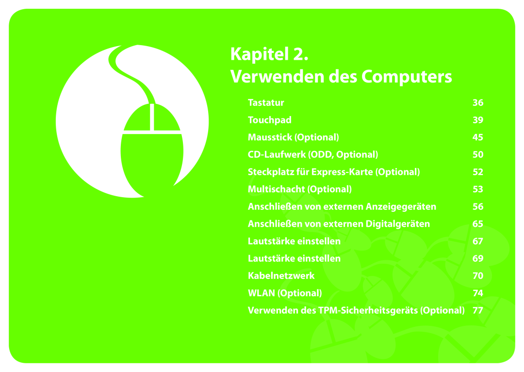 Samsung NP270E5E-X02PT Kapitel Verwenden des Computers, Tastatur, Touchpad, Mausstick Optional, CD-Laufwerk ODD, Optional 