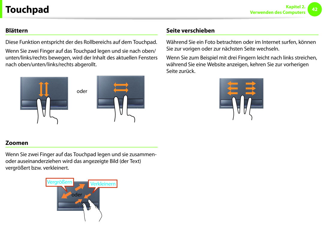 Samsung NP270E5E-K02IT, NP275E5E-K01GR manual Blättern, Seite verschieben, Zoomen, Vergrößern Verkleinern, Touchpad 