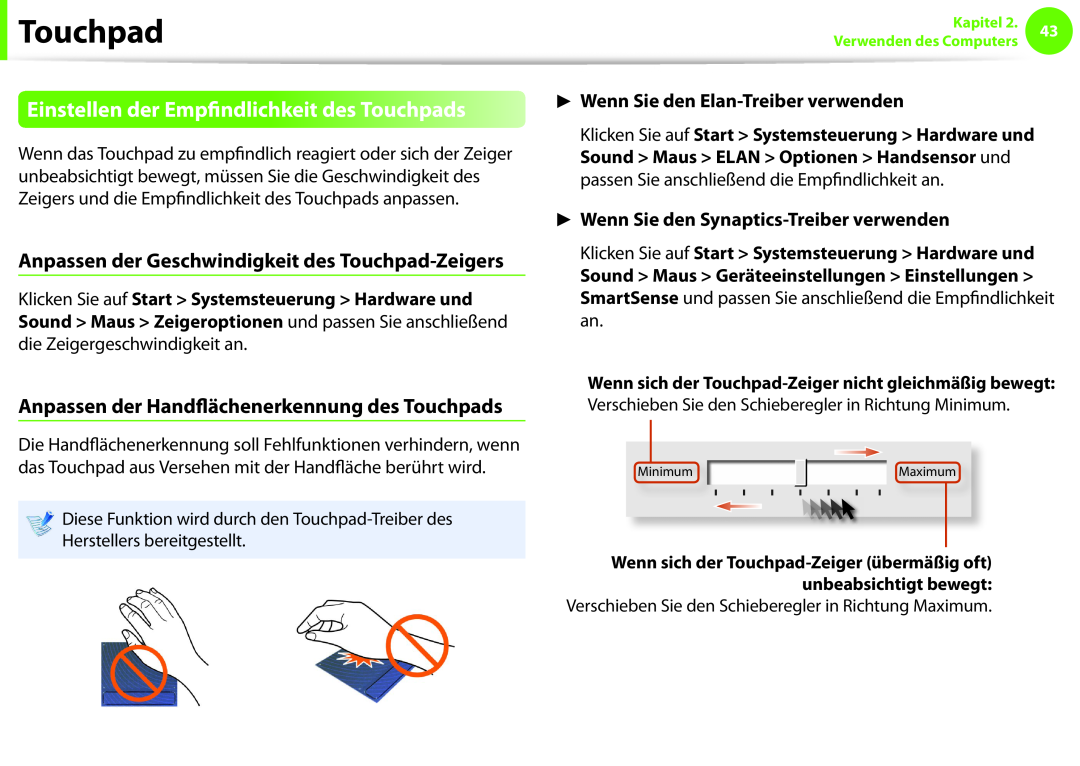 Samsung NP930X5J-K01DE Einstellen der Empfindlichkeit des Touchpads, Anpassen der Geschwindigkeit des Touchpad-Zeigers 