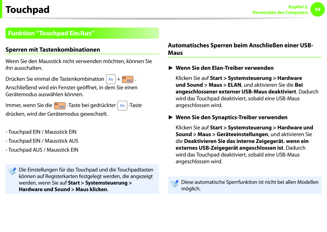 Samsung NP630Z5J-X01DE Funktion “Touchpad Ein/Aus”, Sperren mit Tastenkombinationen, Wenn Sie den Elan-Treiber verwenden 