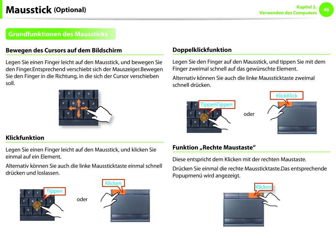 Samsung NP270E5E-K04DE Grundfunktionen des Maussticks, Funktion „Rechte Maustaste“, Klicken Tippen, Mausstick Optional 