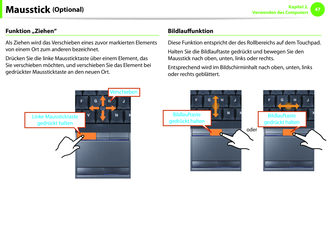 Samsung NP270E5E-K01PT manual Funktion „Ziehen“, Bildlauffunktion, Verschieben Linke Maussticktaste gedrückt halten, oder 