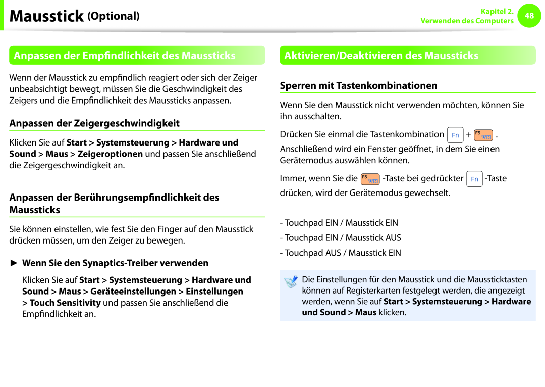 Samsung NP270E5E-K01GR, NP275E5E-K01GR Anpassen der Empfindlichkeit des Maussticks, Aktivieren/Deaktivieren des Maussticks 