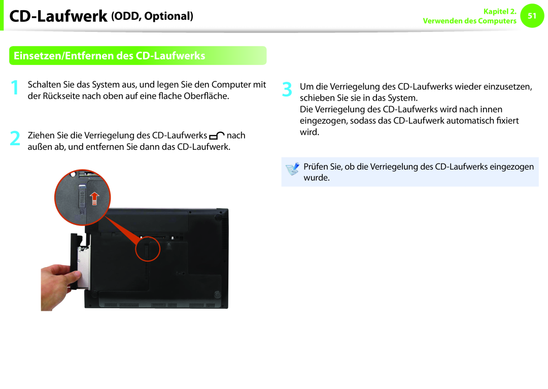 Samsung NP910S5J-K02DE, NP275E5E-K01GR, NP275E5E-X02DE manual Einsetzen/Entfernen des CD-Laufwerks, CD-Laufwerk ODD, Optional 