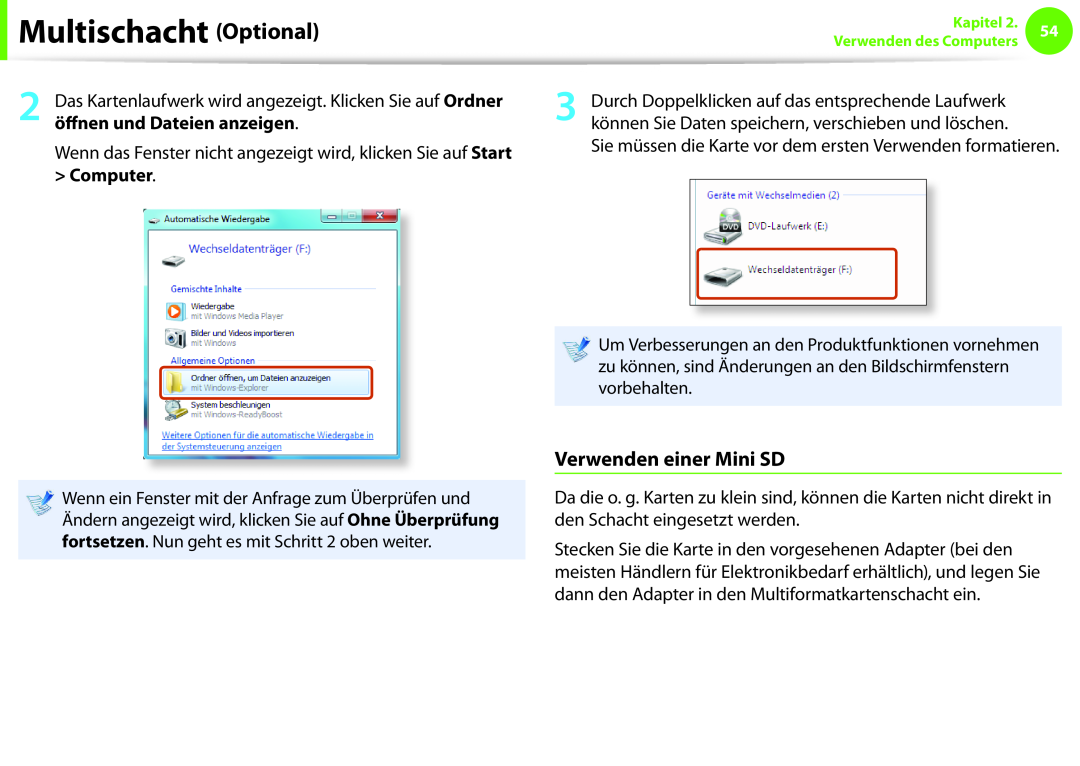 Samsung NP270E5E-K02GR, NP275E5E-K01GR manual Verwenden einer Mini SD, öffnen und Dateien anzeigen, Multischacht Optional 