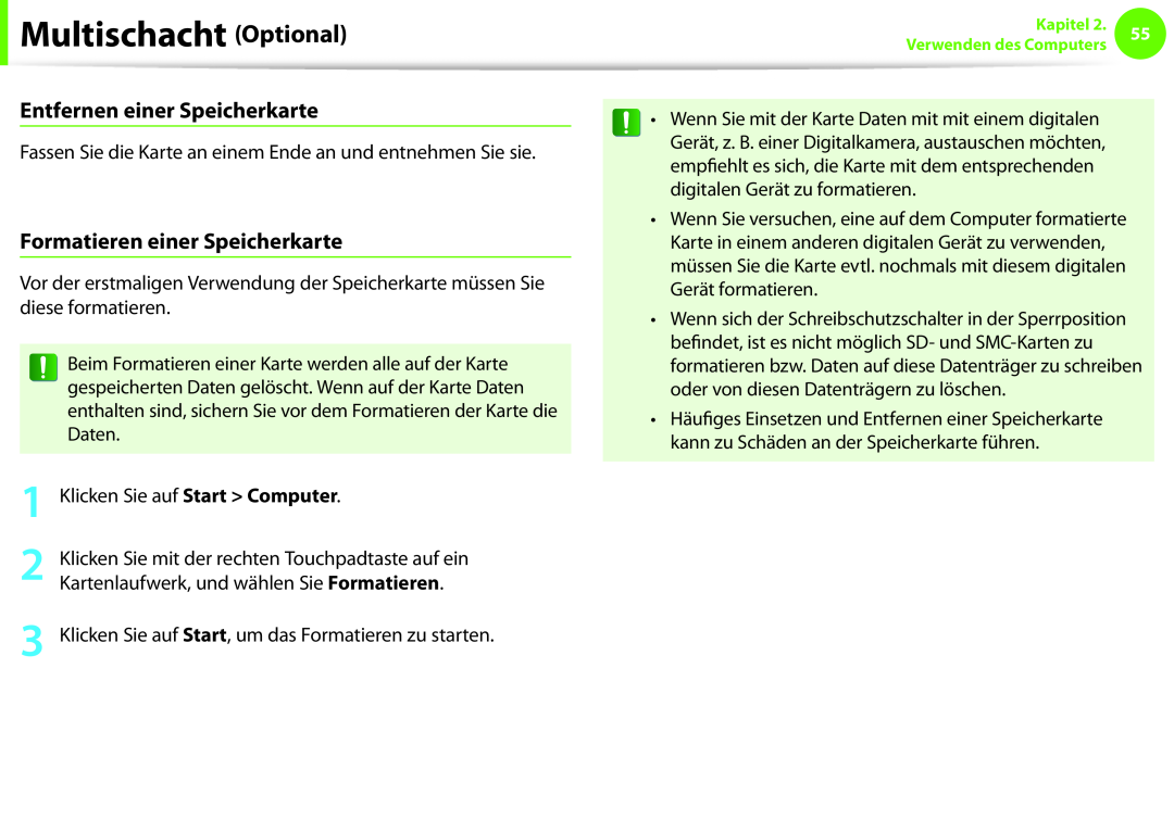 Samsung NP270E5E-X03TR manual Entfernen einer Speicherkarte, Formatieren einer Speicherkarte, Multischacht Optional 