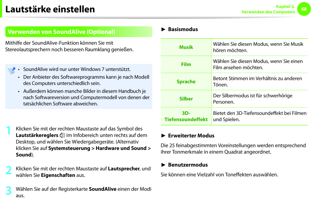 Samsung NP270E5E-X05DE, NP275E5E-K01GR Verwenden von SoundAlive Optional, Basismodus, Erweiterter Modus, Benutzermodus 
