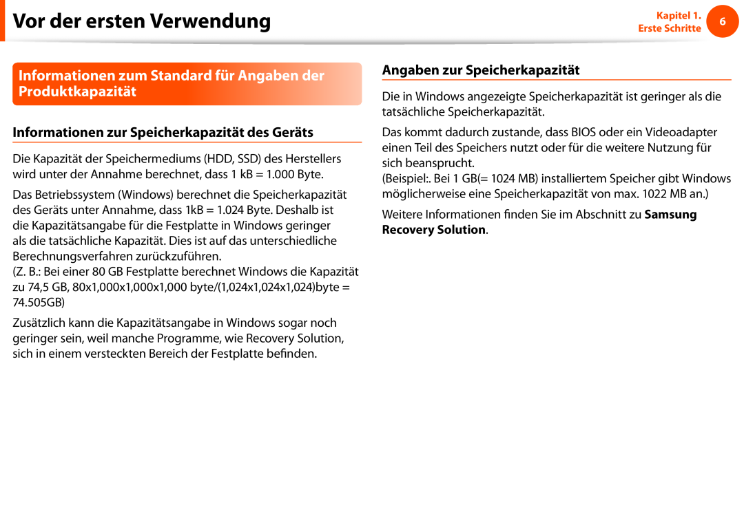 Samsung NP270E5E-X04DE manual Informationen zum Standard für Angaben der Produktkapazität, Angaben zur Speicherkapazität 