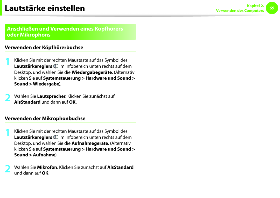 Samsung NP270E5E-X04IT manual Anschließen und Verwenden eines Kopfhörers oder Mikrophons, Verwenden der Köpfhörerbuchse 