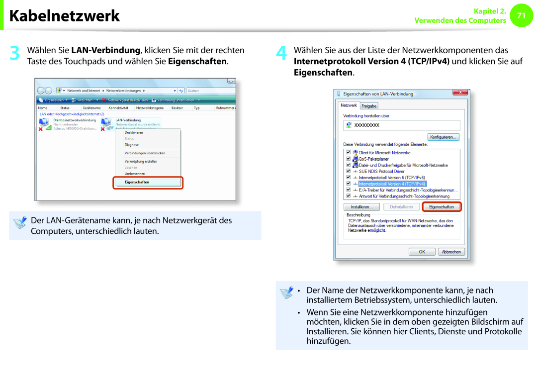 Samsung NP275E5E-K02IT, NP275E5E-K01GR Eigenschaften, Kabelnetzwerk, Wählen Sie aus der Liste der Netzwerkkomponenten das 