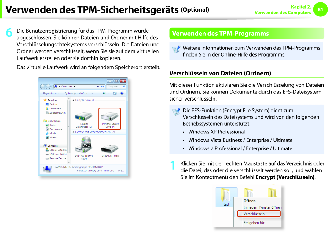 Samsung NP270E5E-K02IT, NP275E5E-K01GR, NP275E5E-X02DE manual Verwenden des TPM-Programms, Verschlüsseln von Dateien Ordnern 