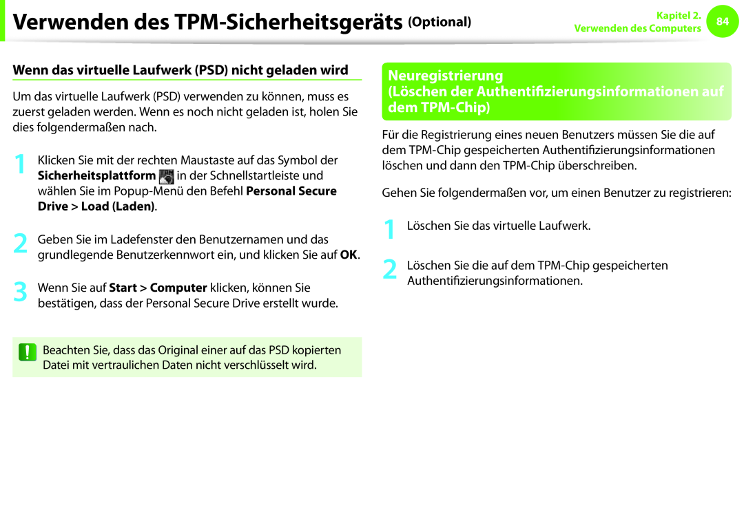 Samsung NP270E5E-X04DE Neuregistrierung, Löschen der Authentifizierungsinformationen auf dem TPM-Chip, Drive Load Laden 