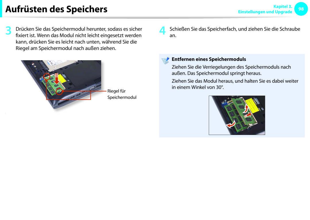 Samsung NP270E5E-K03DE, NP275E5E-K01GR Entfernen eines Speichermoduls, Aufrüsten des Speichers, Riegel für Speichermodul 