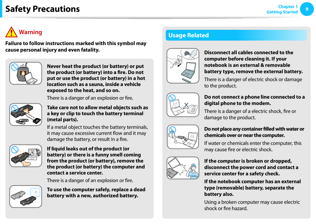 Samsung NP275E5E-K01US, NP270E5EK01US, NP275E5EK01US, NP270E5EK01JM Usage Related, There is a danger of an explosion or fire 