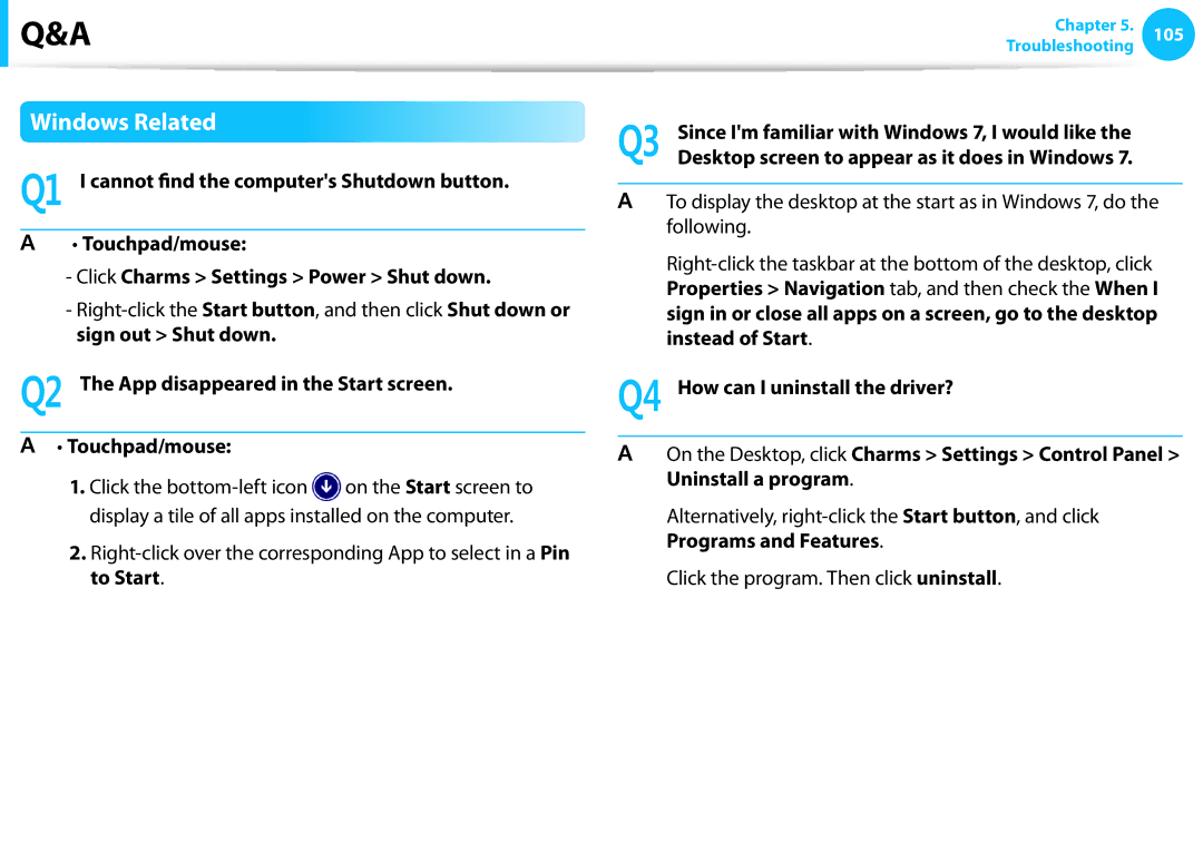 Samsung NP270E5EK01US, NP275E5E-K01US manual Windows Related, Q2 The App disappeared in the Start screen Touchpad/mouse 