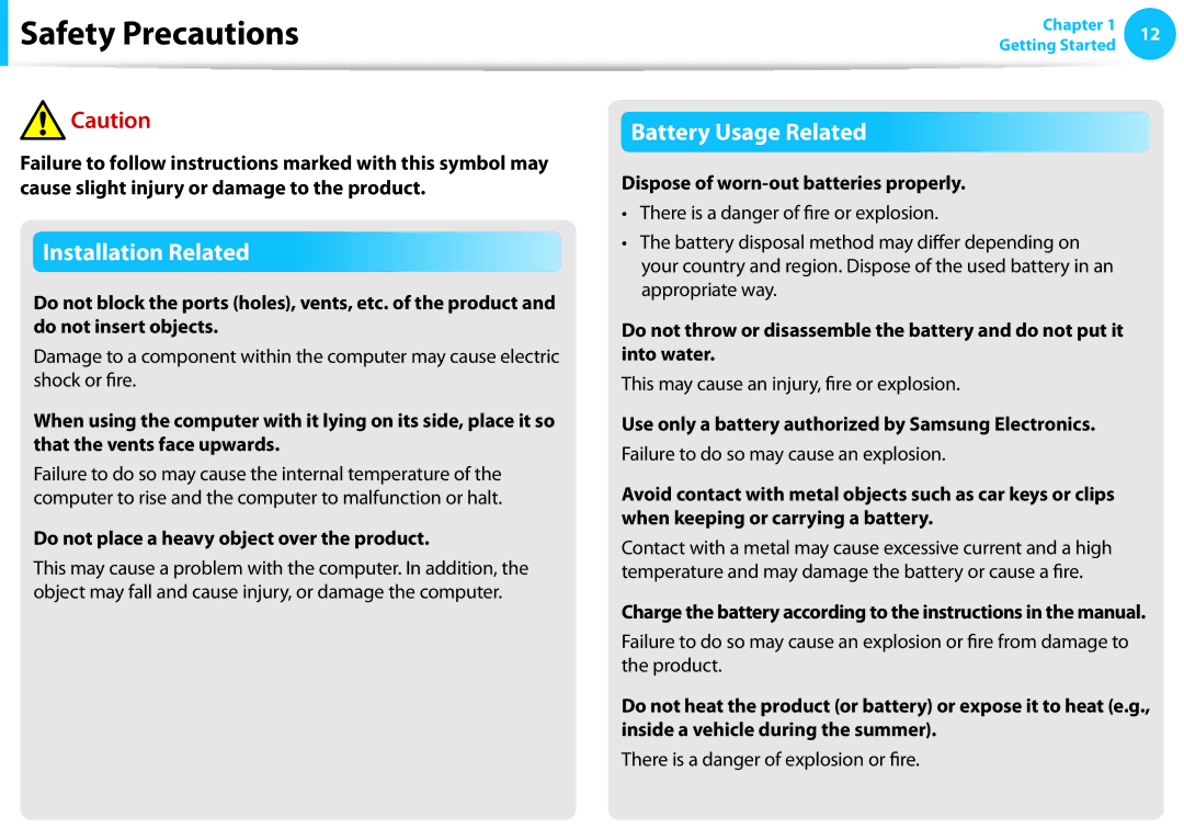 Samsung NP270E5EK01JM, NP275E5E-K01US Do not place a heavy object over the product, Dispose of worn-out batteries properly 