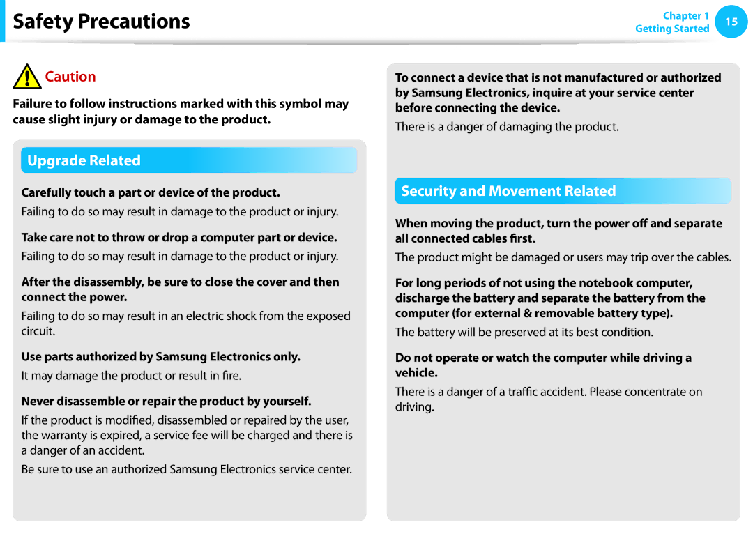 Samsung NP270E5EK01US Carefully touch a part or device of the product, Use parts authorized by Samsung Electronics only 