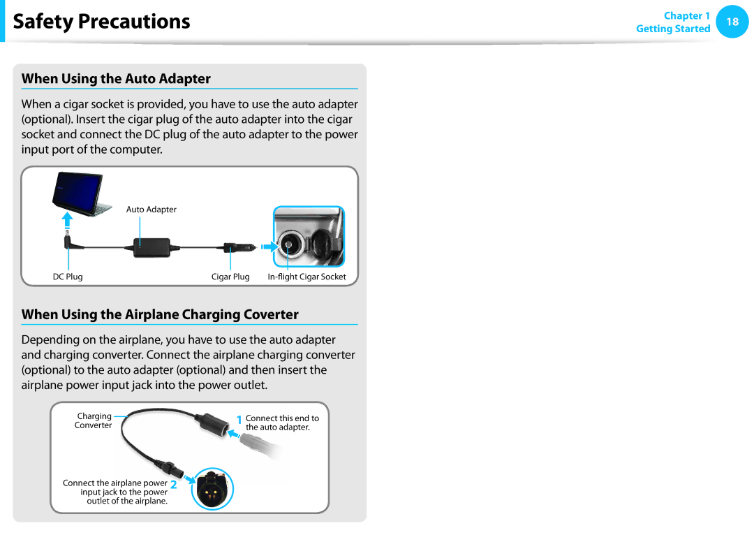 Samsung NP270E5EK02JM, NP275E5E-K01US, NP270E5EK01US When Using the Auto Adapter, When Using the Airplane Charging Coverter 