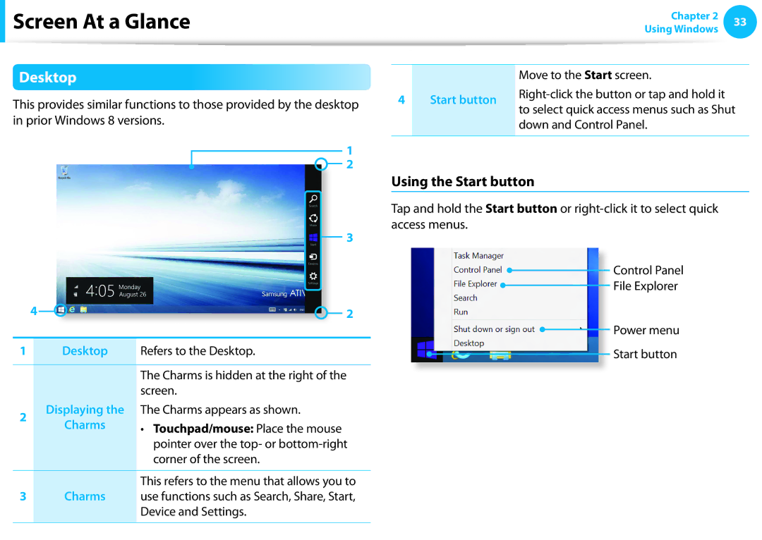 Samsung NP270E5EK02JM, NP275E5E-K01US manual Desktop, Using the Start button, Charms, Move to the Start screen Start button 