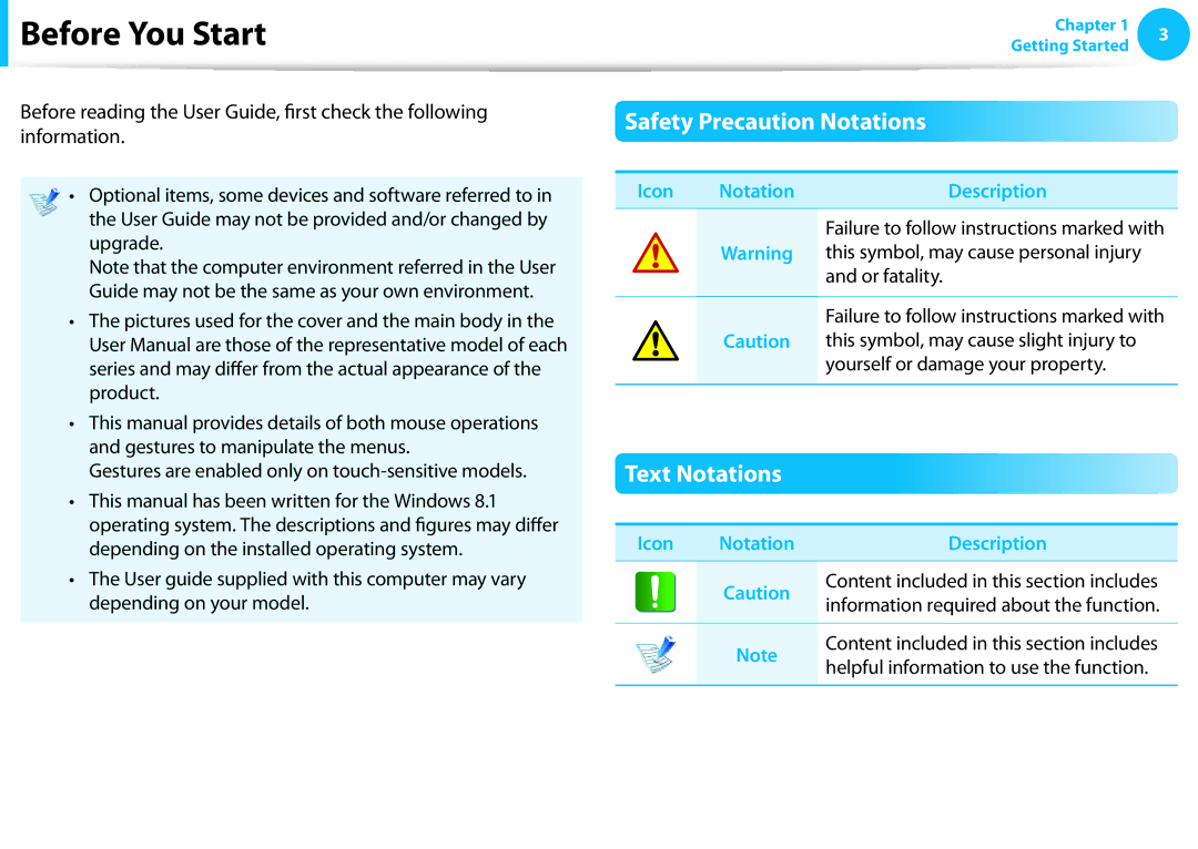 Samsung NP270E5EK02JM, NP275E5E-K01US, NP270E5EK01US manual Before You Start, Safety Precaution Notations, Text Notations 