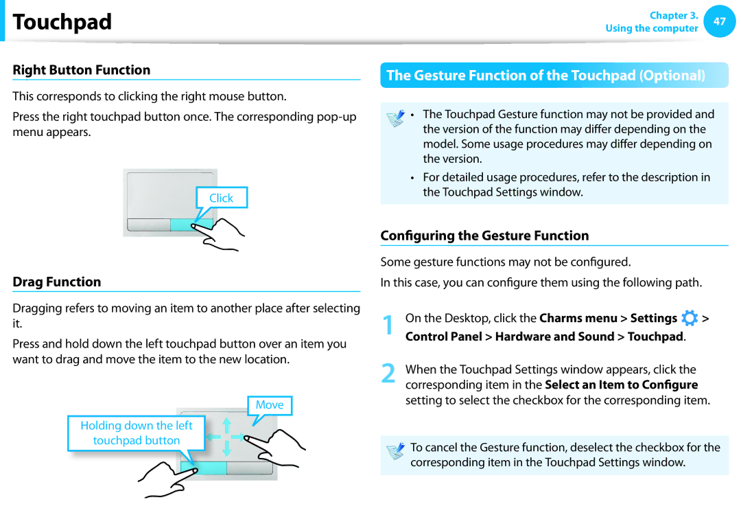 Samsung NP270E5EK01JM, NP275E5E-K01US, NP270E5EK01US Right Button Function, Drag Function, Configuring the Gesture Function 