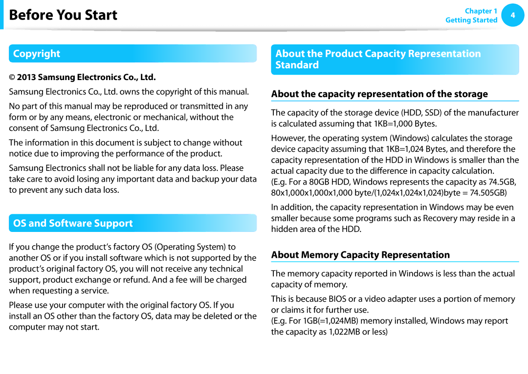 Samsung NP275E5E-K01US manual Copyright, OS and Software Support, About the Product Capacity Representation Standard 