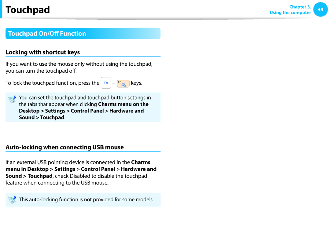 Samsung NP275E5E-K01US manual Touchpad On/Off Function, Locking with shortcut keys, Auto-locking when connecting USB mouse 
