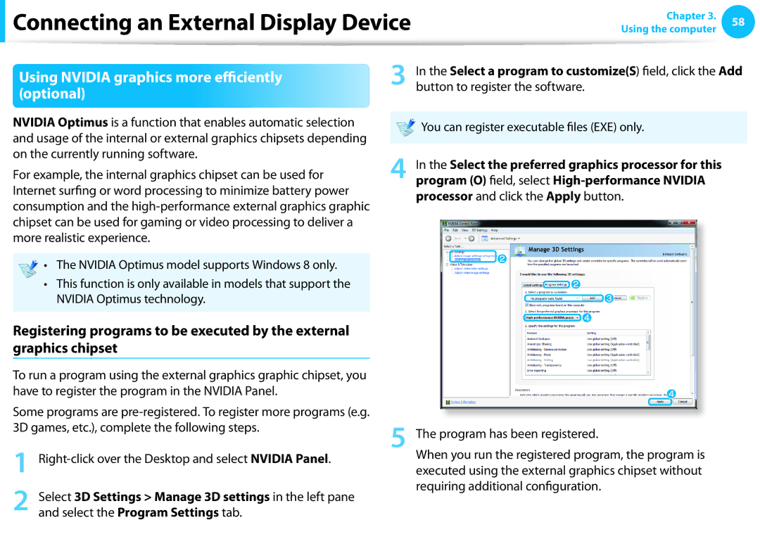 Samsung NP270E5EK02JM Using Nvidia graphics more efficiently optional, Have to register the program in the Nvidia Panel 