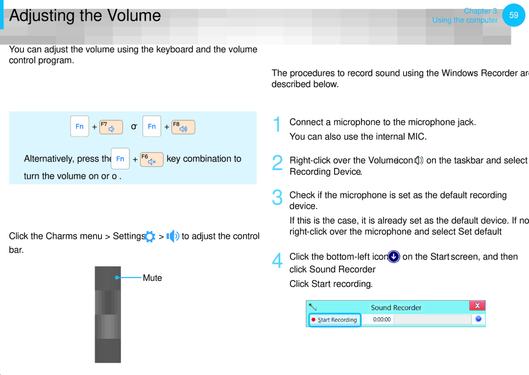 Samsung NP275E5E-K01US, NP270E5EK01US, NP275E5EK01US Adjusting the Volume using the Keyboard, Using the Sound Recorder 