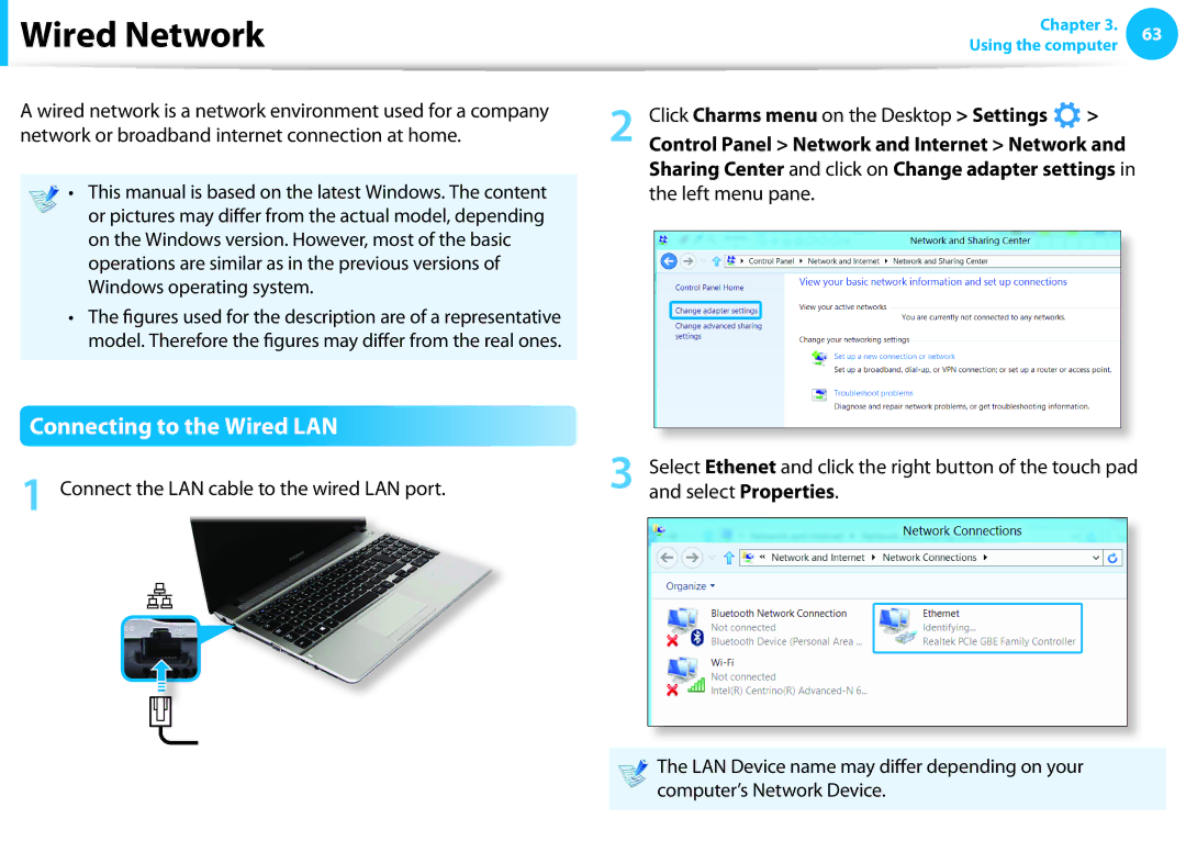 Samsung NP270E5EK02JM manual Wired Network, Connecting to the Wired LAN, Connect the LAN cable to the wired LAN port 