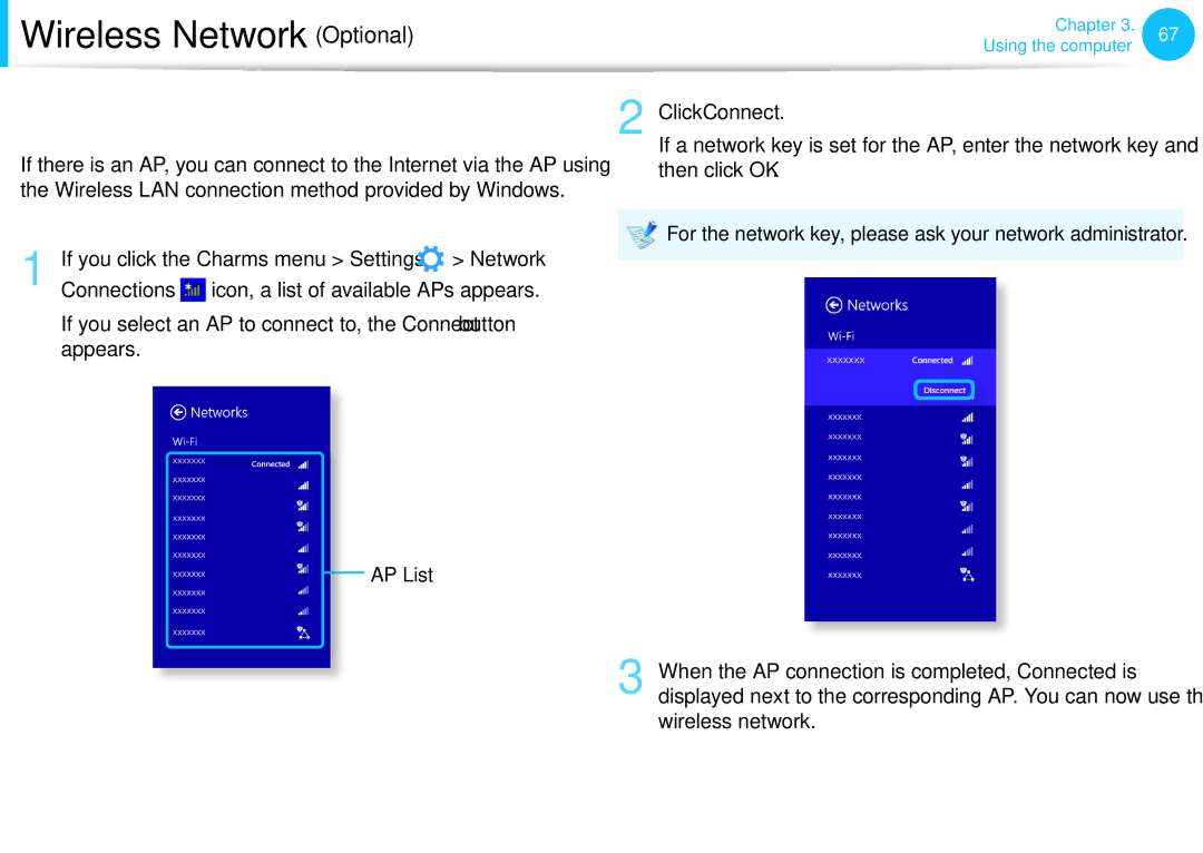 Samsung NP270E5EK01JM, NP275E5E-K01US, NP270E5EK01US Connecting to a Wireless LAN, If you click the Charms menu Settings 