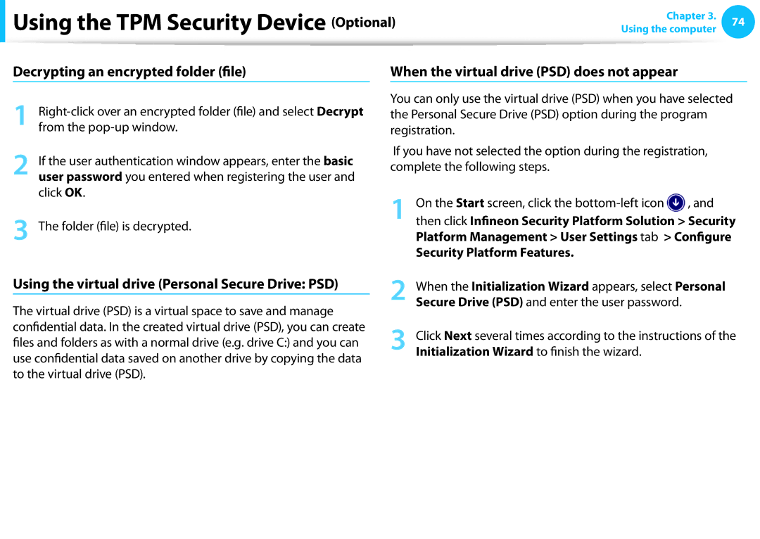 Samsung NP275E5E-K01US, NP270E5EK01US manual Decrypting an encrypted folder file, When the virtual drive PSD does not appear 