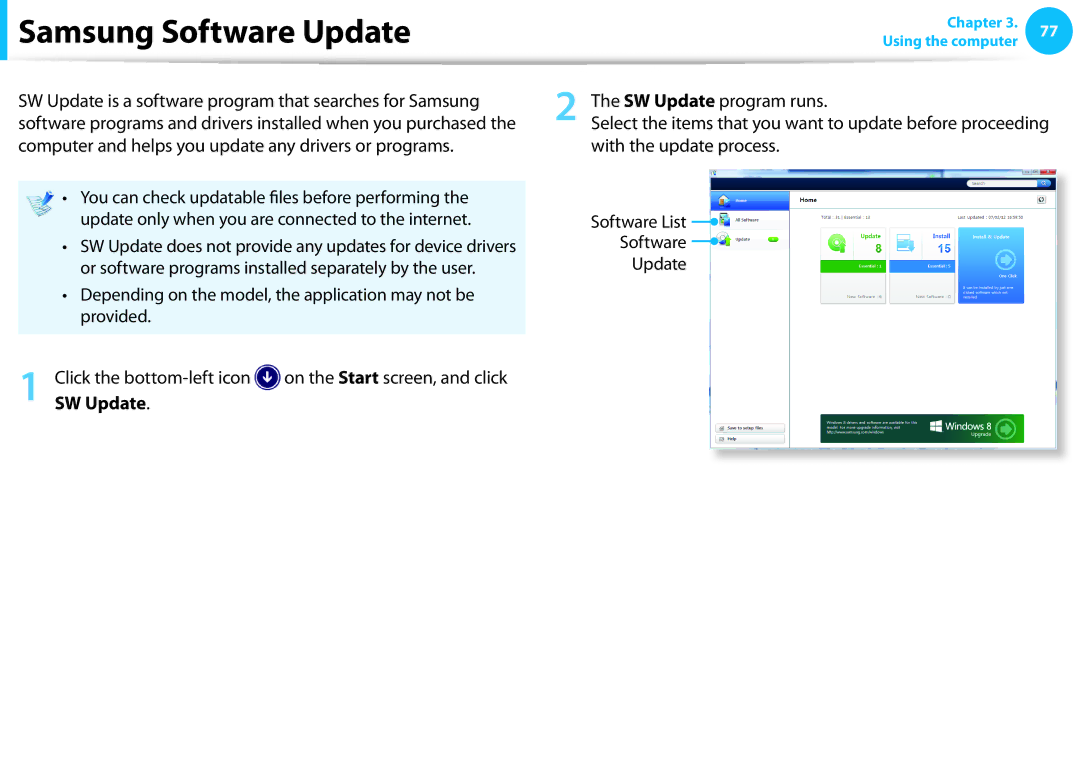 Samsung NP270E5EK01JM, NP275E5E-K01US, NP270E5EK01US, NP275E5EK01US, NP270E5EK02JM manual Samsung Software Update, SW Update 