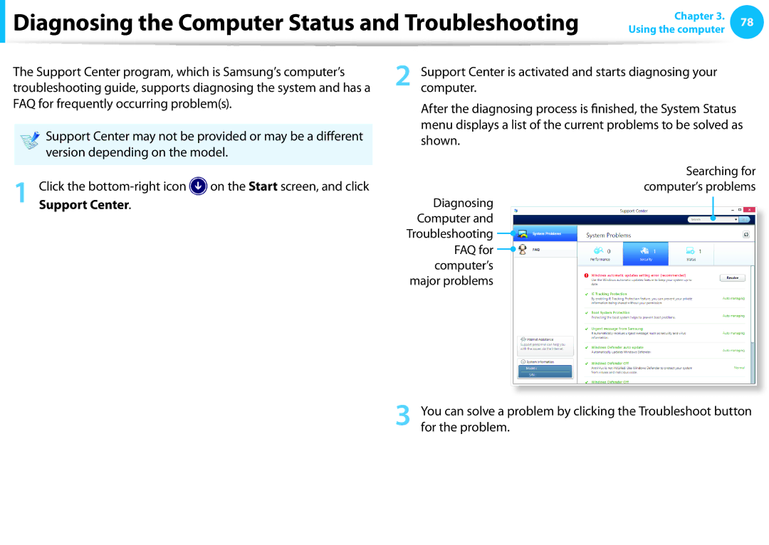 Samsung NP270E5EK02JM manual Diagnosing the Computer Status and Troubleshooting, Shown, Version depending on the model 